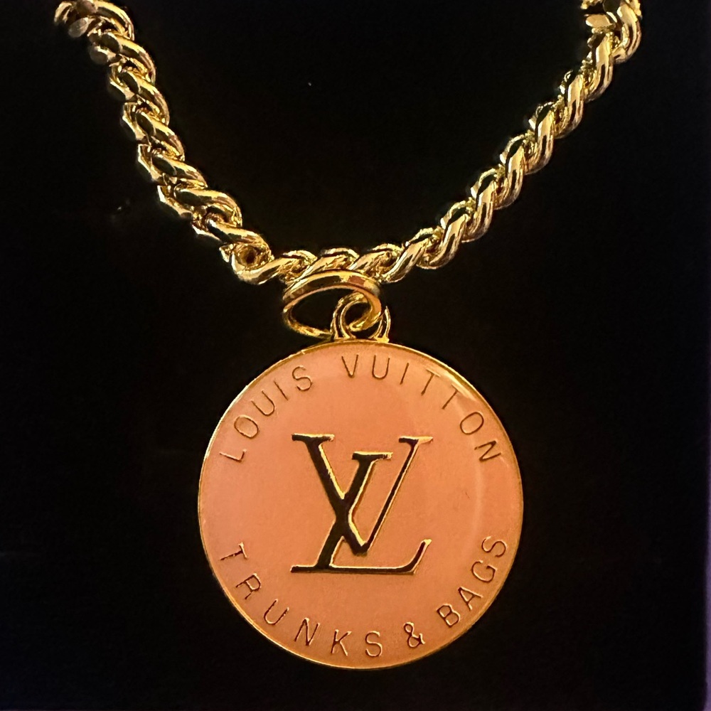 LV repurposed  Gold Necklace with Elegant Pink Pendant